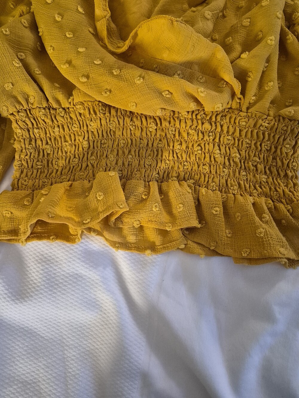 Chelsea & Violet Mustard Ruffle Swiss Dot Smocked Waist Blouse - Picture 4 of 7